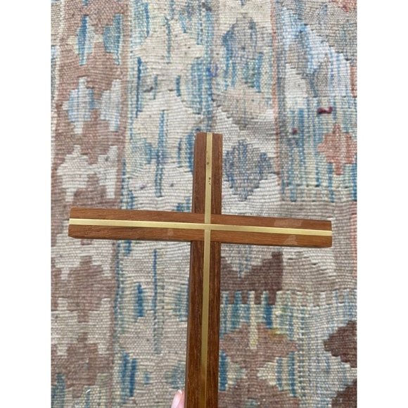 Mid Century Wood and Goldtone Inset Cross Crucifix 10" by 6" - Picture 6 of 10